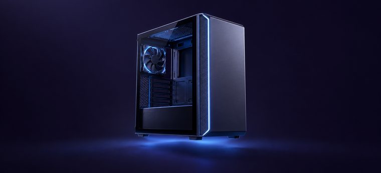 A mid-tower gaming PC case lit in blue