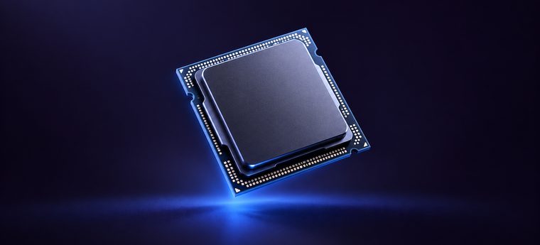 A bare computer processor lit in blue