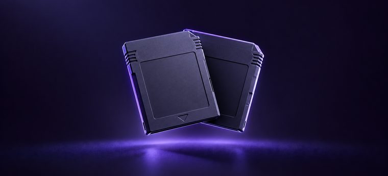 Two blank game cartridges lit in purple