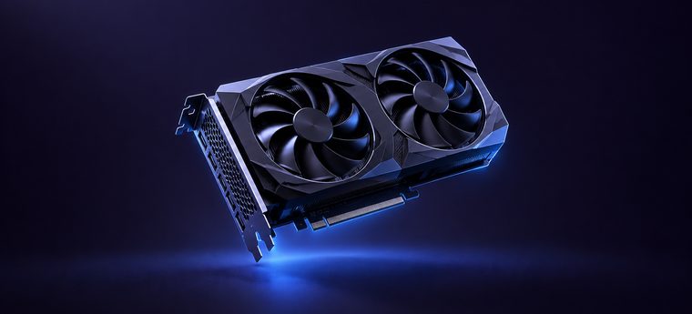 A twin-fan graphics card lit in blue