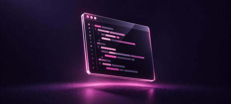 A floating code window lit in pink