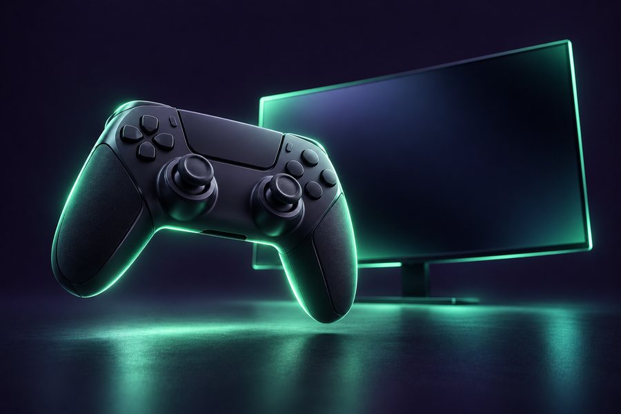 A game controller in front of a display